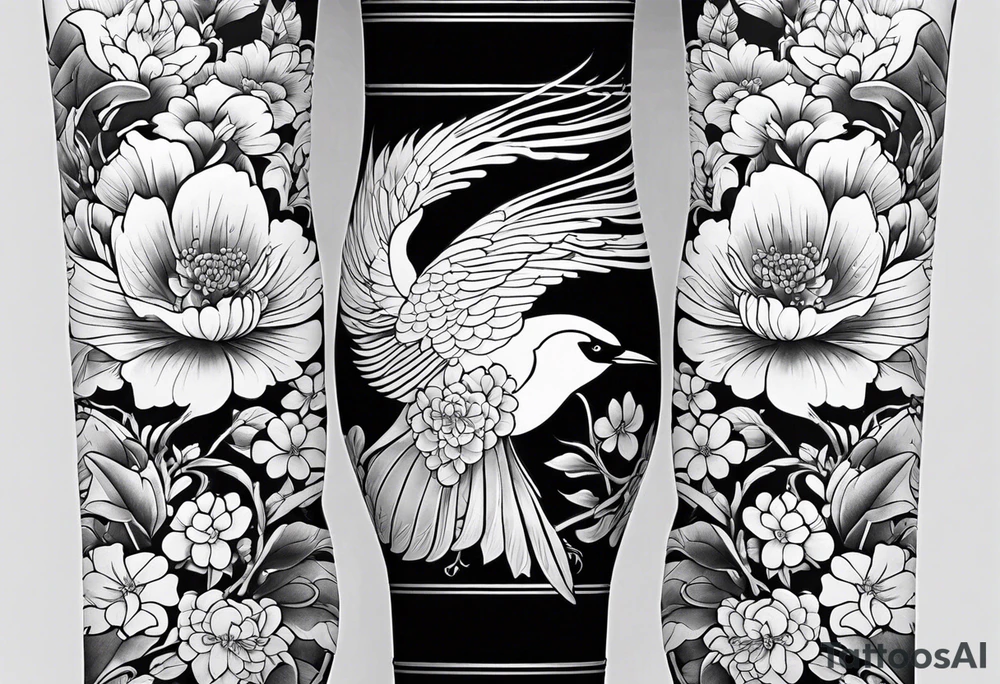 Japanese traditional style
leg sleeve with a bird and flowers tattoo idea