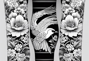 Japanese traditional style
leg sleeve with a bird and flowers tattoo idea