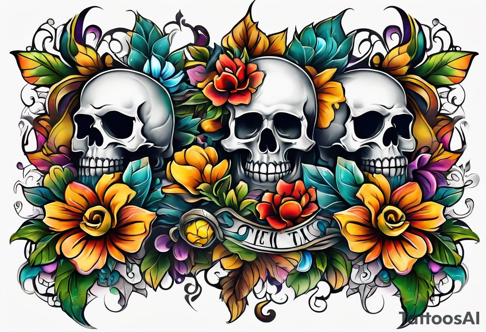 Old school center Knee tattoo with skulls, various flowers, water shapes and fall colors tattoo idea