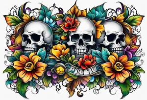 Old school center Knee tattoo with skulls, various flowers, water shapes and fall colors tattoo idea