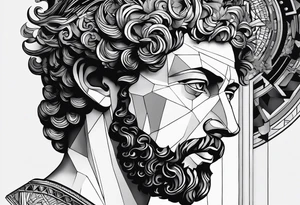 The Face of marcus aurelius with the lower left half missing. He is looking slightly away at 25 degrees. Geometric symbols framing the background tattoo idea