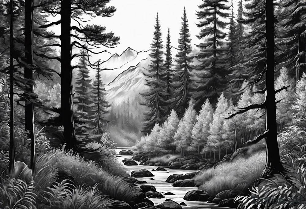 realistic black and gray forest tattoo idea