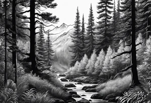 realistic black and gray forest tattoo idea