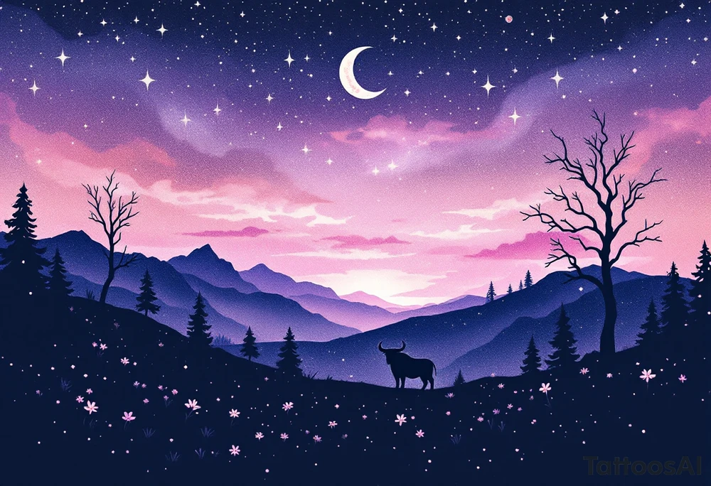 Under a lilac twilight, Taurus rises strong and steady, its constellation a symbol of patience. tattoo idea