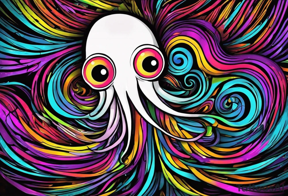 The equivalent of a horror and bizarre squid avatar. This avatar is made up of colorful, twisting and intersecting lines, making it look very wild and chaotic. The eyes of the squid are particularly prominent, one of them is white and the other is black, the overall expression is crazy and intense, with some distressed or damaged texture effects. tattoo idea