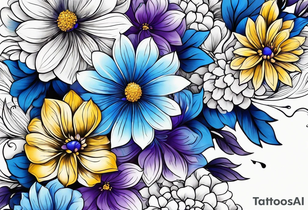 Blue yellow and purple flowers arm sleeve tattoo idea