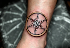 Rod’s Star — A radiant silver star with six intersecting arms inscribed with red runes, placed within a circular wooden medallion wrapped in twine. tattoo idea