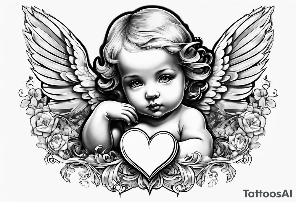 Baby Angel holding heart, side way flying with name Leah. For chest tattoo on left pec tattoo idea
