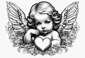 Baby Angel holding heart, side way flying with name Leah. For chest tattoo on left pec tattoo idea