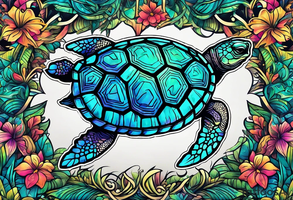 tropical psychedelic turtle's back, top down view, as seen from above tattoo idea
