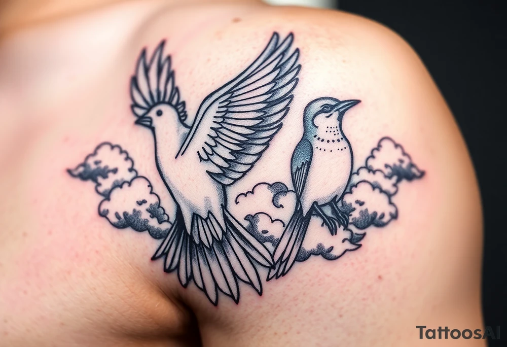 Dove and a blue jay, clouds, shining light to or from heaven tattoo idea