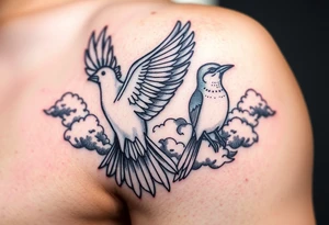 Dove and a blue jay, clouds, shining light to or from heaven tattoo idea