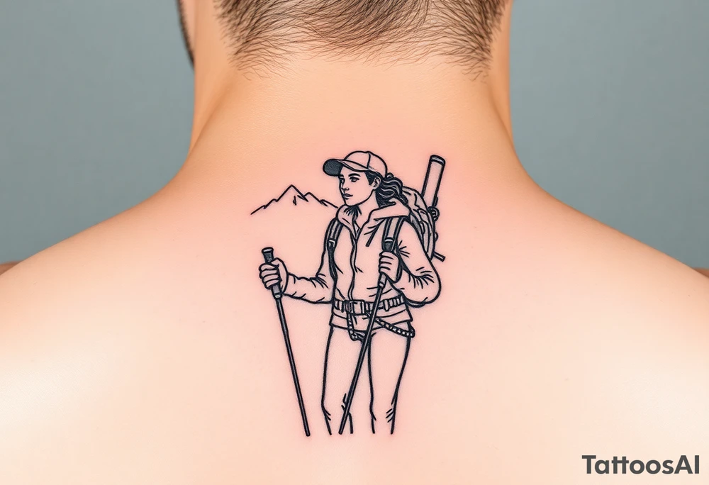 one fine line tattoo with a woman holding hiking poles and hiking tattoo idea