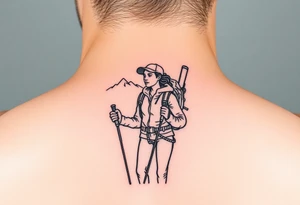 one fine line tattoo with a woman holding hiking poles and hiking tattoo idea