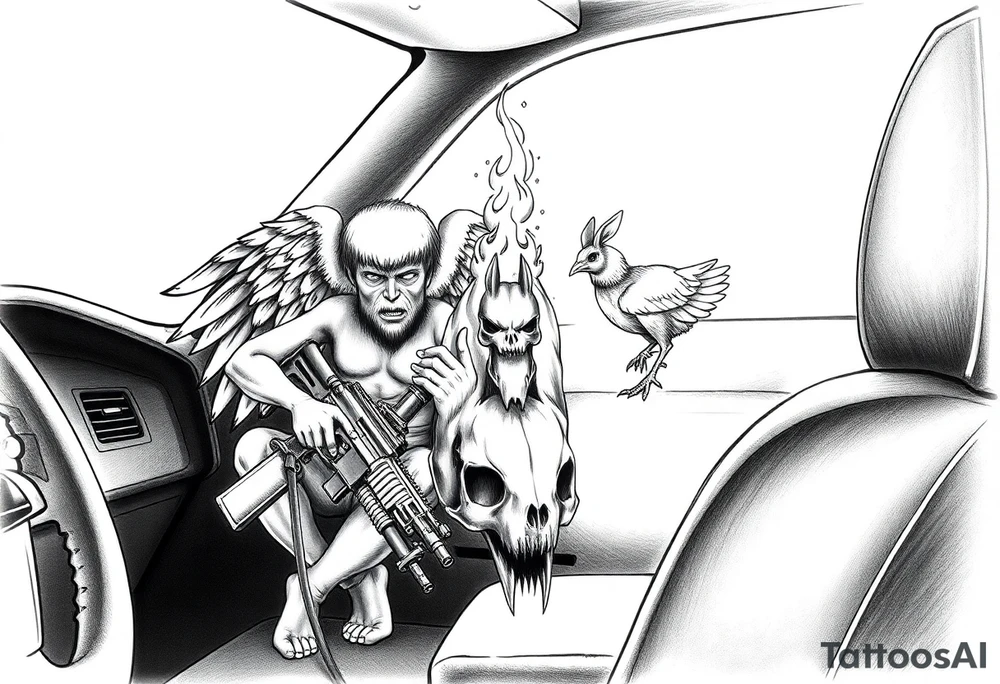 gangster angel sitting on the side panel of the drivers seat, holding an AK47, watching a huge flame burning a stacked skull of a rabbit and a chicken. tattoo idea