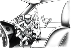 gangster angel sitting on the side panel of the drivers seat, holding an AK47, watching a huge flame burning a stacked skull of a rabbit and a chicken. tattoo idea