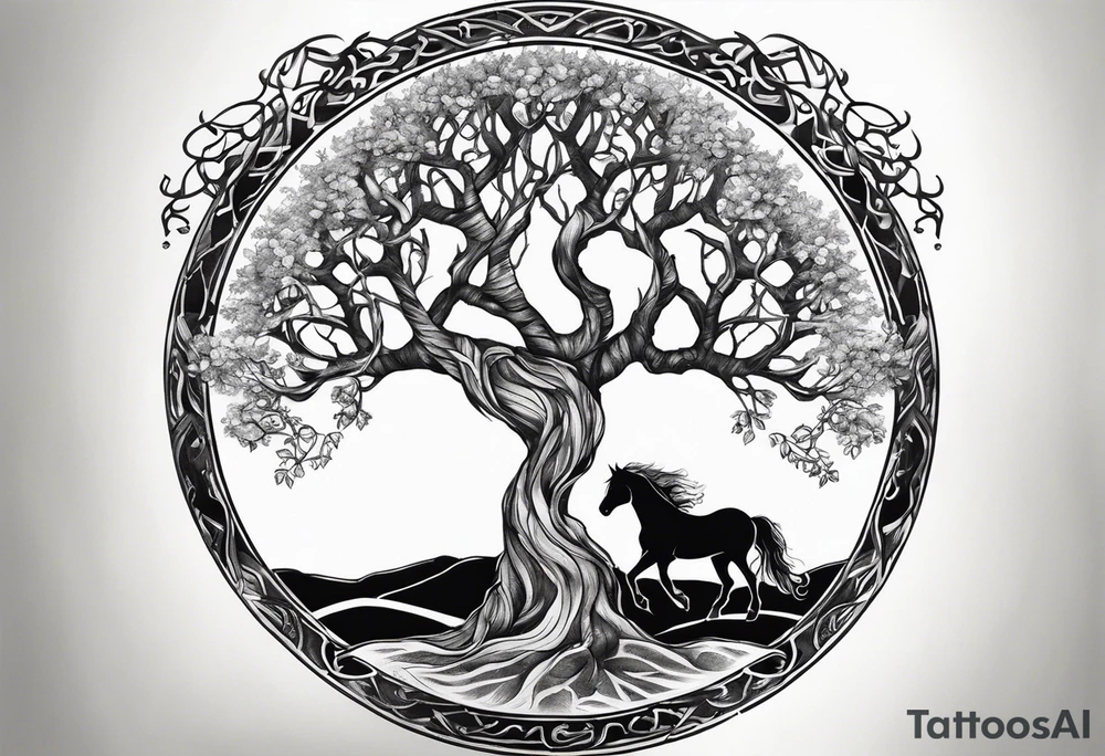 Realistic Horse and Yggdrasil tree tattoo idea