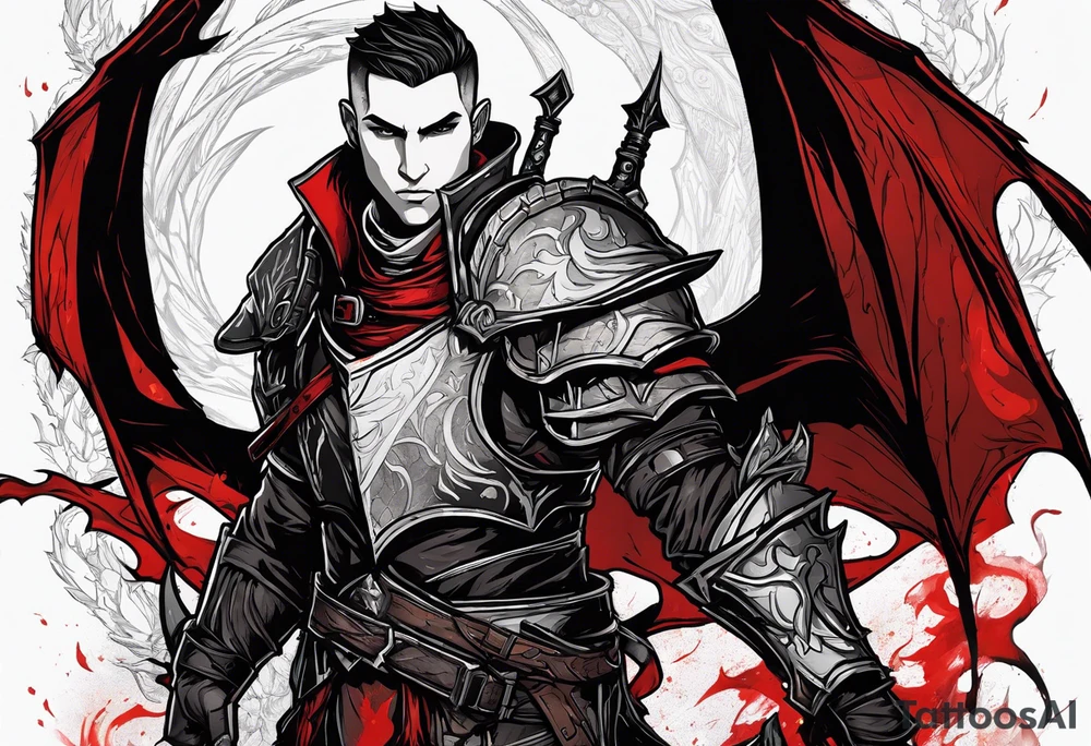 Inquisitor from Dragon Age against the backdrop of the bloody shadow of a dragon. With quote as long as my heart beats I will fight. tattoo idea