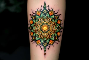 Intricately inked in forest green and burnt sienna, this Celtic sun glows with pagan warmth. tattoo idea