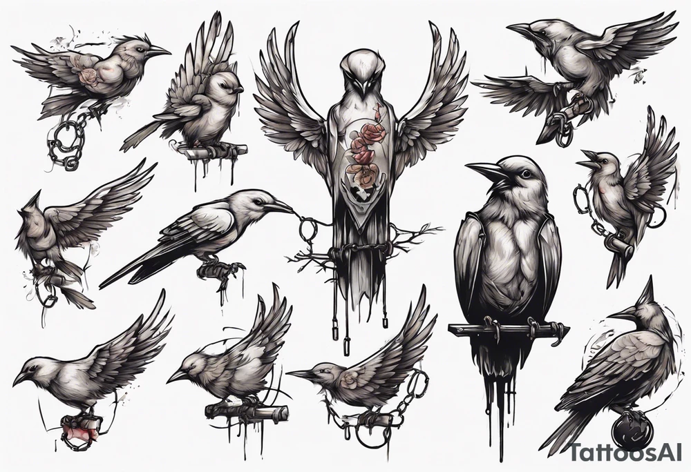 horizontal hand with middle finger extended, headless-songbird perched on middle finger, headless bird's leg chained to finger tattoo idea
