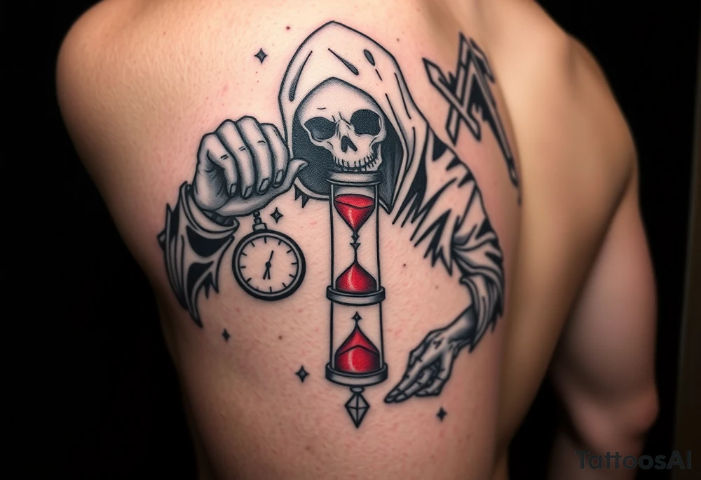 Simple grim reaper looking at a watch on his wrist with a hourglass with red sand and diamond geometric shapes for the thigh tattoo idea
