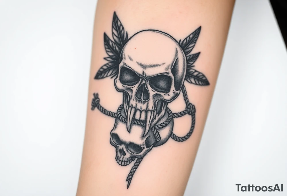tattoo depicts a detailed skull with large fangs and ropes tied around it. The skull is surrounded by black feathers, with part of another skull visible underneath. The tattoo is done in a black and gray technique, which gives it a dramatic and mystical look tattoo idea