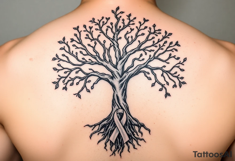 mystical tree of life with cosmic roots and celestial branches with HIV-positive symbol tattoo idea