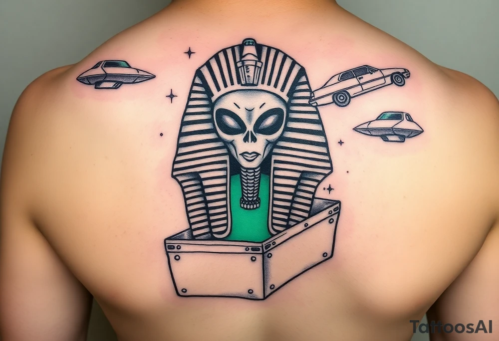 "Pharaoh's sarcophagus opening to reveal a grey alien. Floating UFOs are shaped like Chevy Impalas (lowrider style).  

Style: Neo-traditional tattoo with glitch effects. Colors: turquoise/black/neon green." tattoo idea