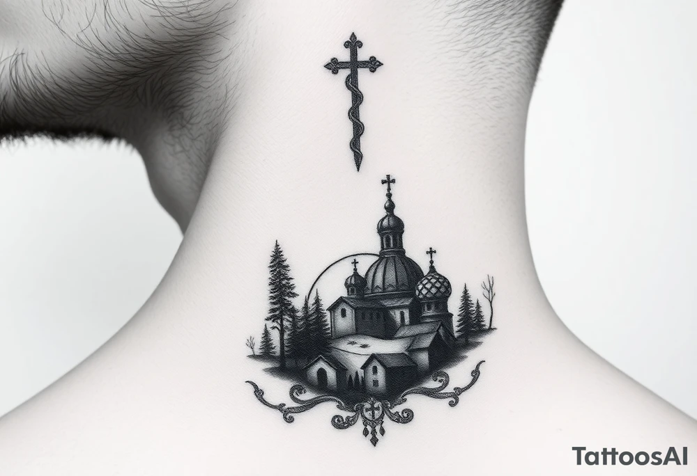 Traditional authentic Russian coat of arms with a Christian orthodox virgin marry in the middle and silhouette in a Russian wilderness Christian orthodoxy dome church village setting on the side of my neck tattoo idea