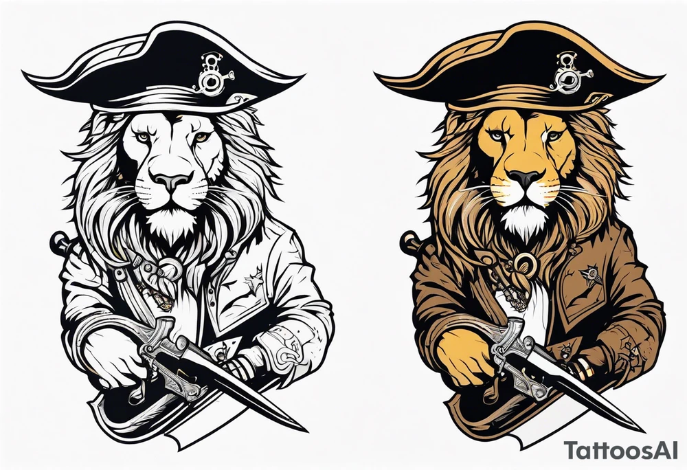 Pirate lion wearing jacket, sword and pistol, nautical steampunk theme. dreadlocks. pirate vessel tattoo idea