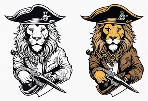 Pirate lion wearing jacket, sword and pistol, nautical steampunk theme. dreadlocks. pirate vessel tattoo idea