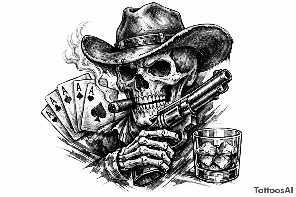 skull with cowboy-hat, cigar in his mouth, a gun in a hand, playing cards, whiskey-glass. tattoo idea