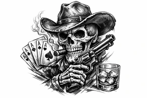 skull with cowboy-hat, cigar in his mouth, a gun in a hand, playing cards, whiskey-glass. tattoo idea