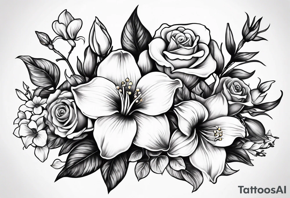 rose, violet, lilly of the valley, gladiolus, and narcissus tattoo idea