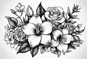 rose, violet, lilly of the valley, gladiolus, and narcissus tattoo idea