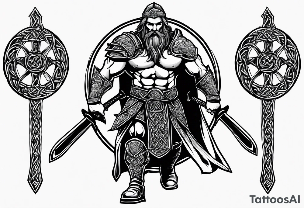 Side full body shot of Celtic warrior with sword and axe. tattoo idea