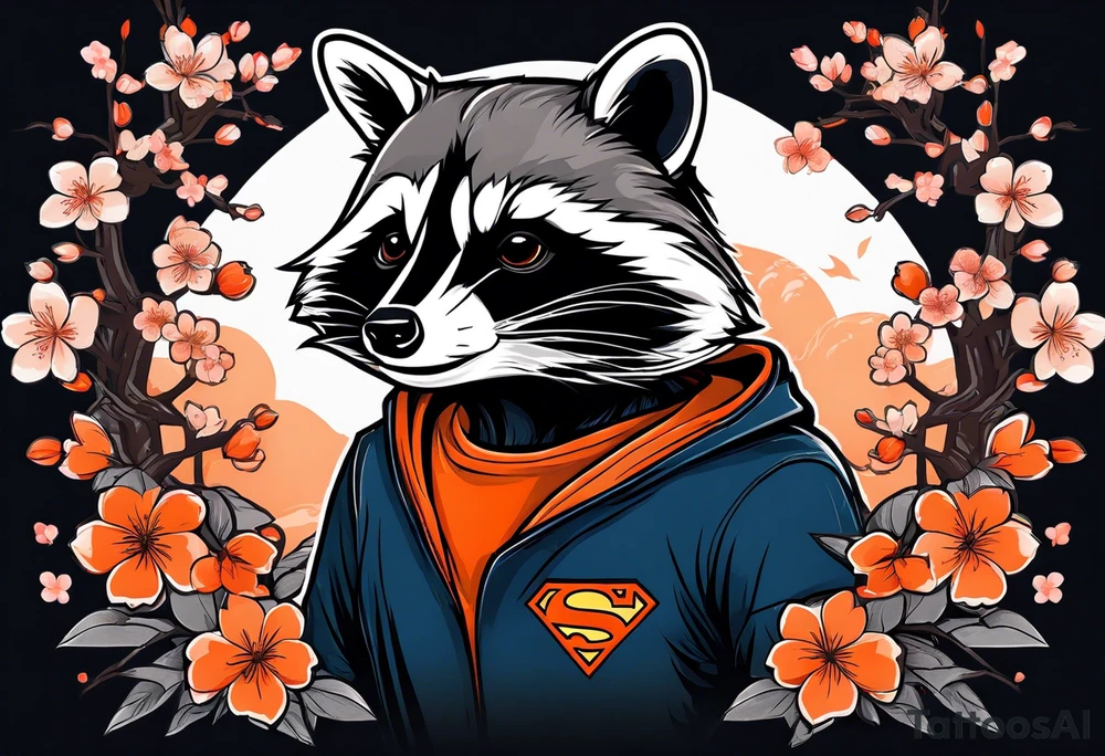 Raccoon wearing a white Superman logo on a black hoodie and orange Japanese cherry blossoms tattoo idea