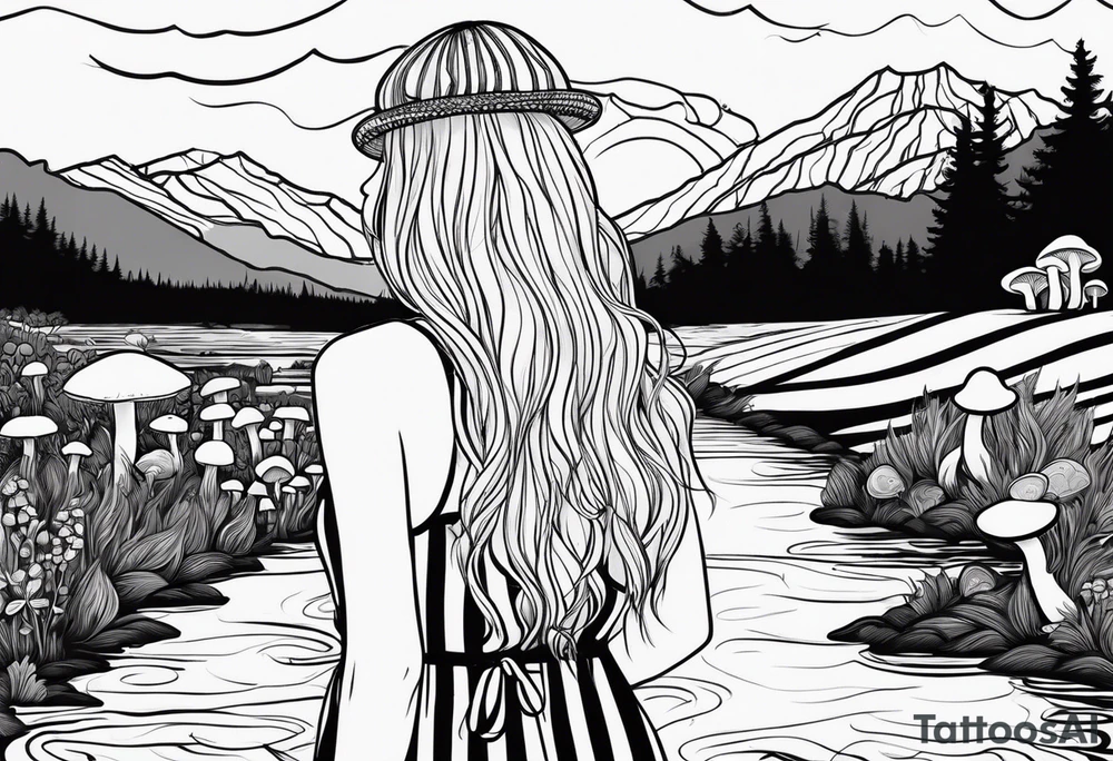 Straight long blonde hair hippie girl in distance holding mushrooms in hand facing away toward mountains and creek surrounded by mushrooms black and white striped dress tattoo idea