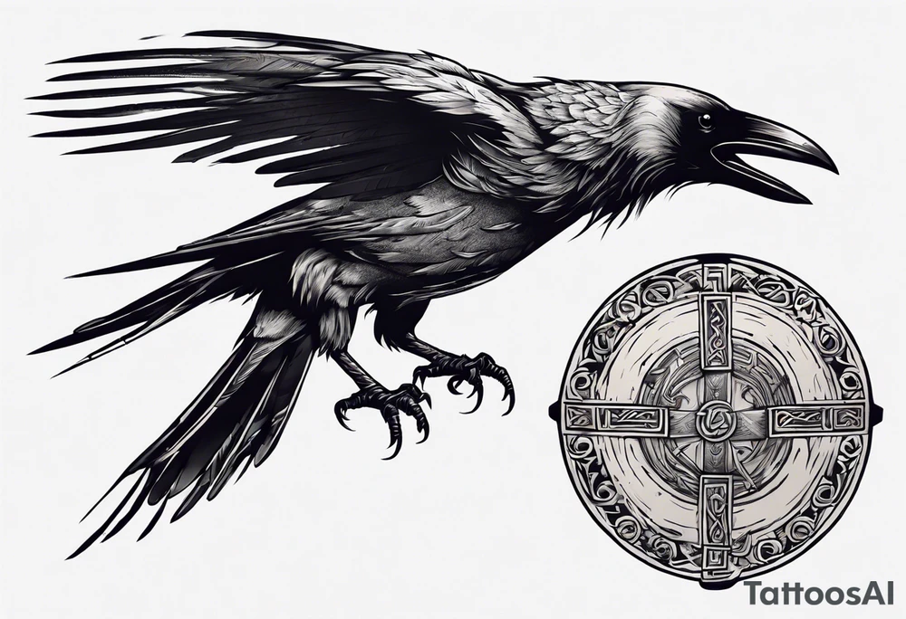 Depict a crow as a worrior with a viking sheild tattoo idea