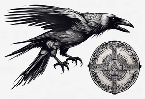 Depict a crow as a worrior with a viking sheild tattoo idea