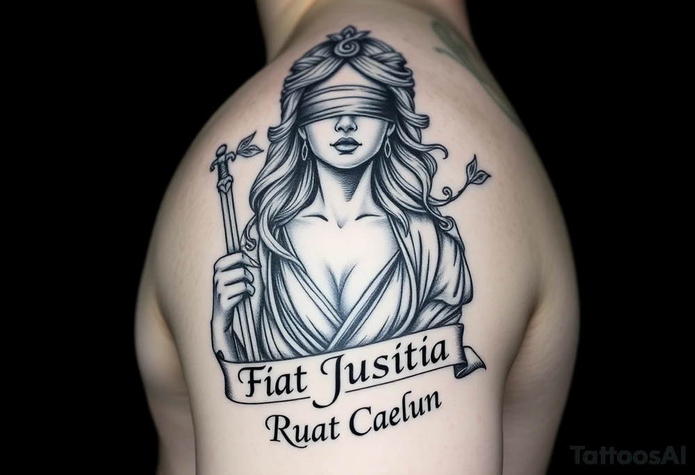 A striking black and grey tattoo design of a regal, blindfolded woman, symbolizing justice. She has an air of strength and wisdom, with flowing hair and a serene yet powerful expression. One breast must be exposed, representing vulnerability and truth. She holds a sword in one hand, symbolizing enforcement of justice, and a set of scales in the other, signifying balance. The Latin phrase ‘Fiat Justitia Ruat Caelum’ is elegantly inscribed in a classical, Roman-inspired font, either flowing beneath her or wrapping around the design. The overall style is a fusion of realism and fine-line tattoo artistry, with intricate shading and dramatic contrasts to give depth and texture. make it to fit the upper right arm tattoo idea