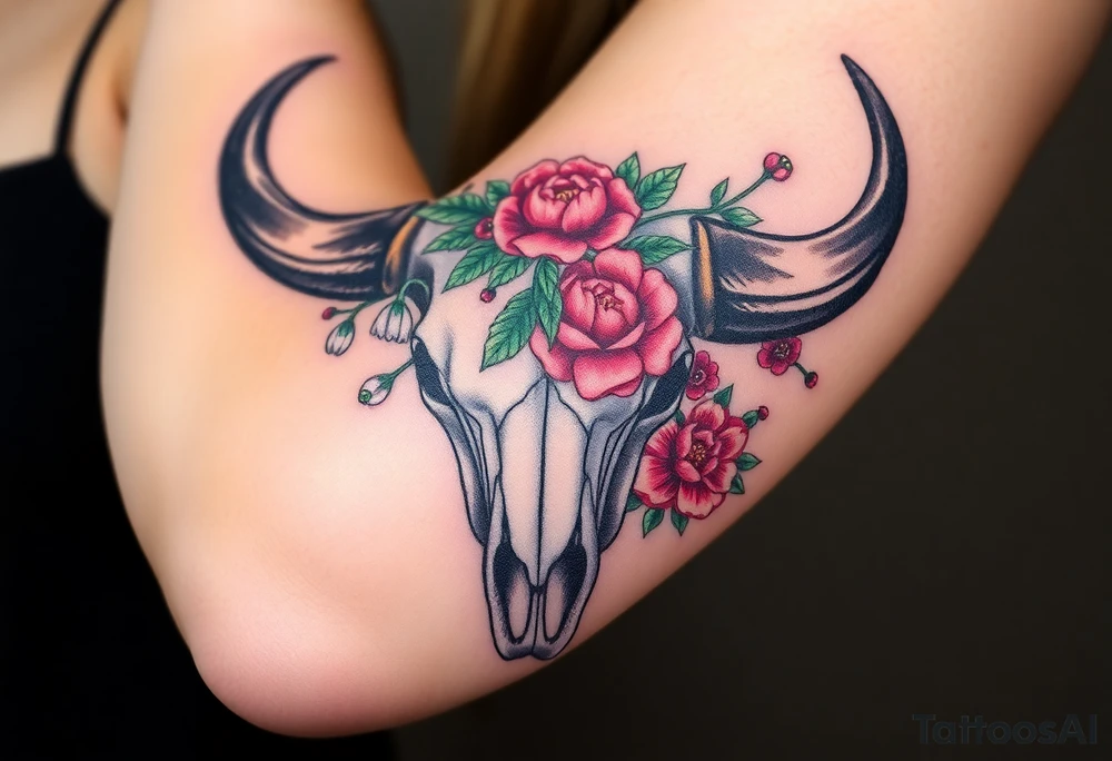 Buffalo skull with flowers. Peony, snowdrop, holly with berries, larkspur, peony. Colour. For upper arm. Masculin. 

Have one peony and snowdrop above horns. Have holly with berries, larkspur, peony below horns. tattoo idea