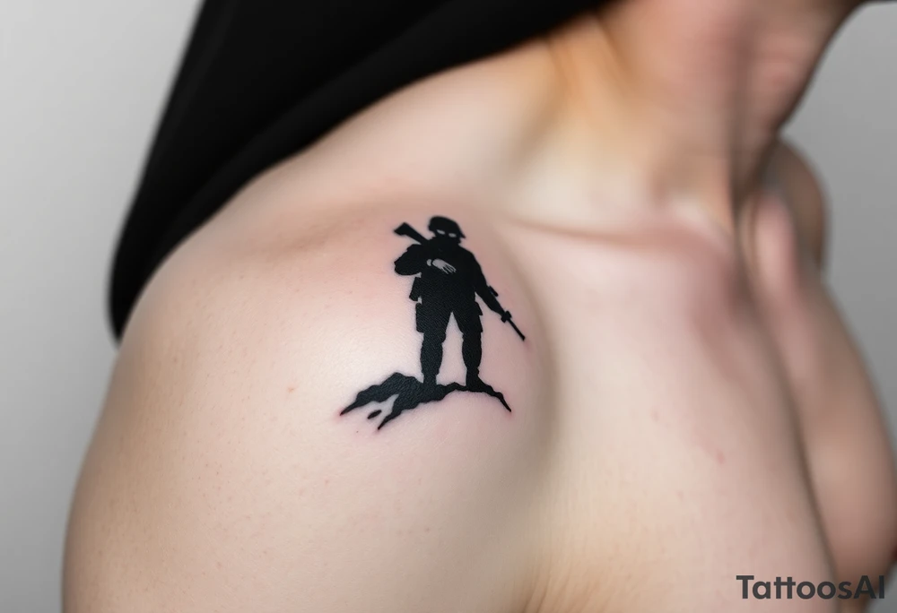 Minimalist covert operative symbolism representing loyalty and survival, faceless soldier silhouette emerging from darkness, torn fabric, subtle scars, controlled posture, black and grey realism, emotional restraint, understated strength, tattoo sleeve element. tattoo idea