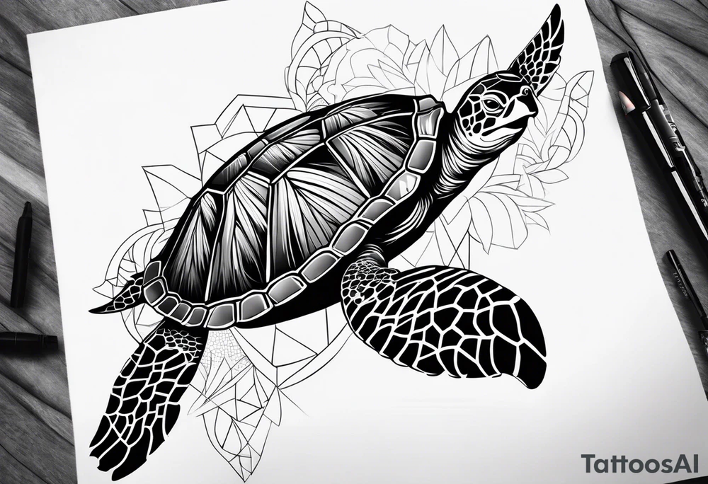 Full leg sleeve sea turtle tribal tattoo idea
