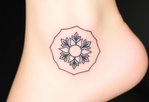 Faint Hexagon with astrological sign for Leo, larkspur and water lilies in the center tattoo idea