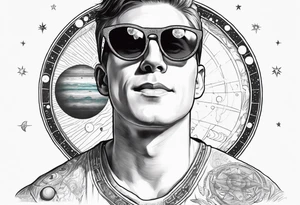 Joseph Smith Jr. wearing a Dartmouth College shirt, and hypnotic looking sunglasses, with a solar system background tattoo idea