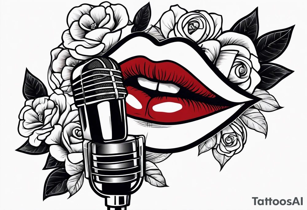 vintage lips near microphone traditional flowers tattoo idea