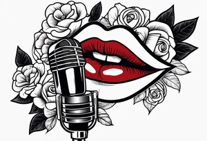 vintage lips near microphone traditional flowers tattoo idea