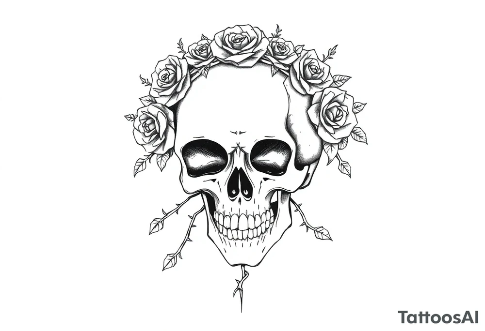 ornate skull adorned with crown of wild roses and thorns tattoo idea