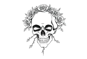 ornate skull adorned with crown of wild roses and thorns tattoo idea